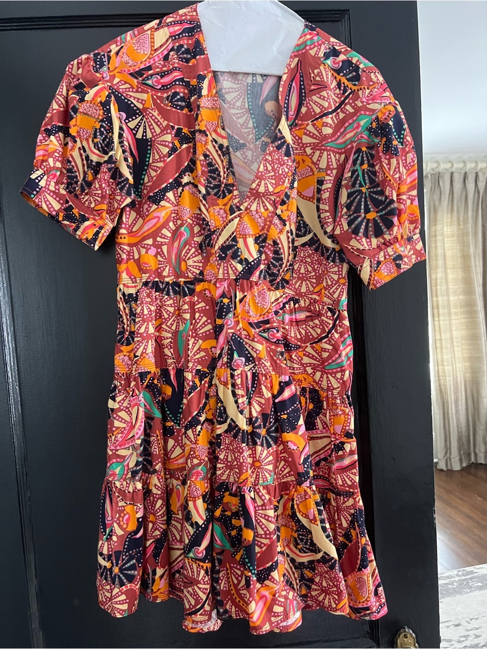 Floral Abstract Tiered V-Neck Women's Dress in Coral Multi